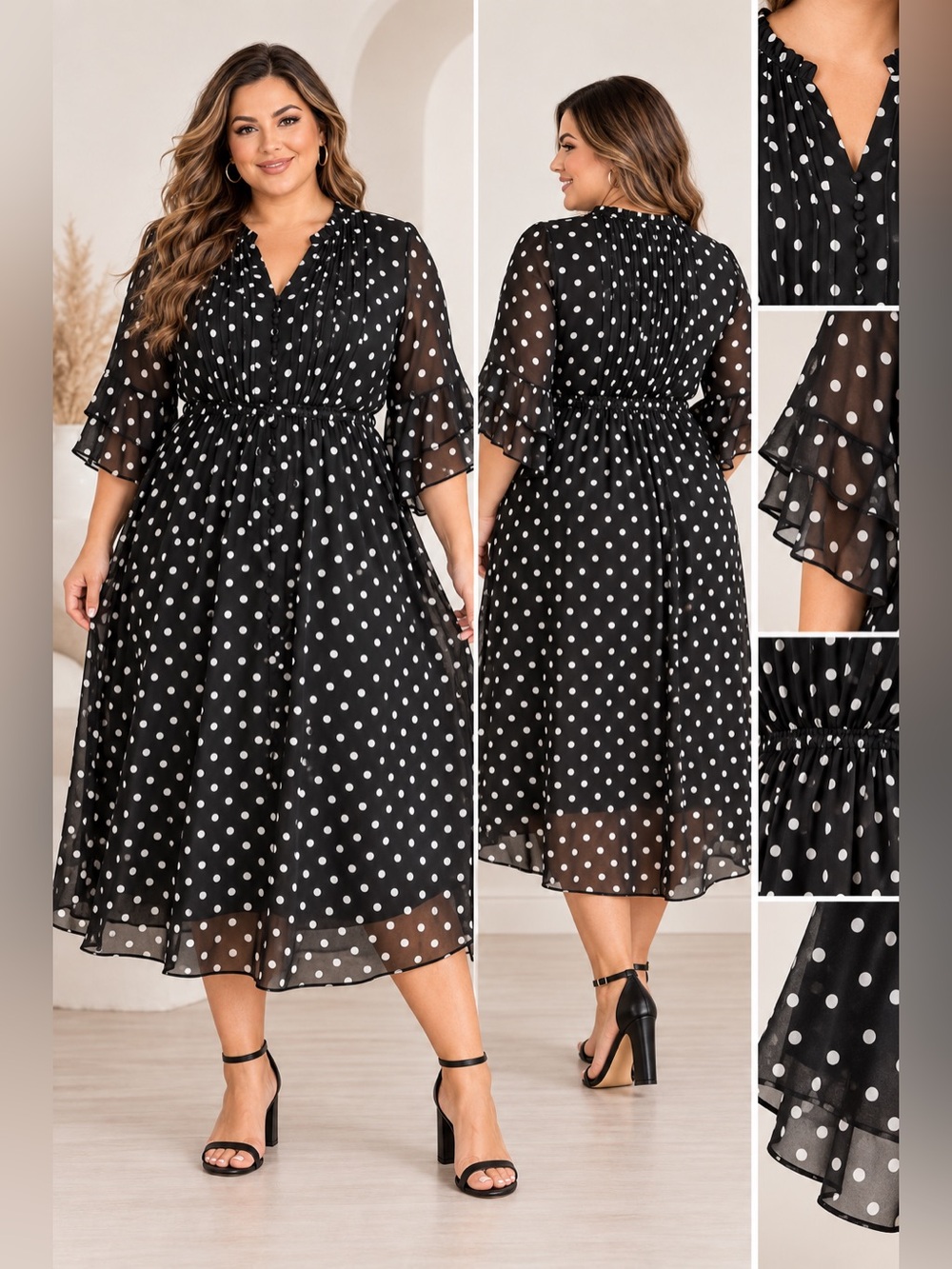 Torrid Size 5 Plus Black White Polka Dot Midi Dress Ruffle Pleated Flowy.